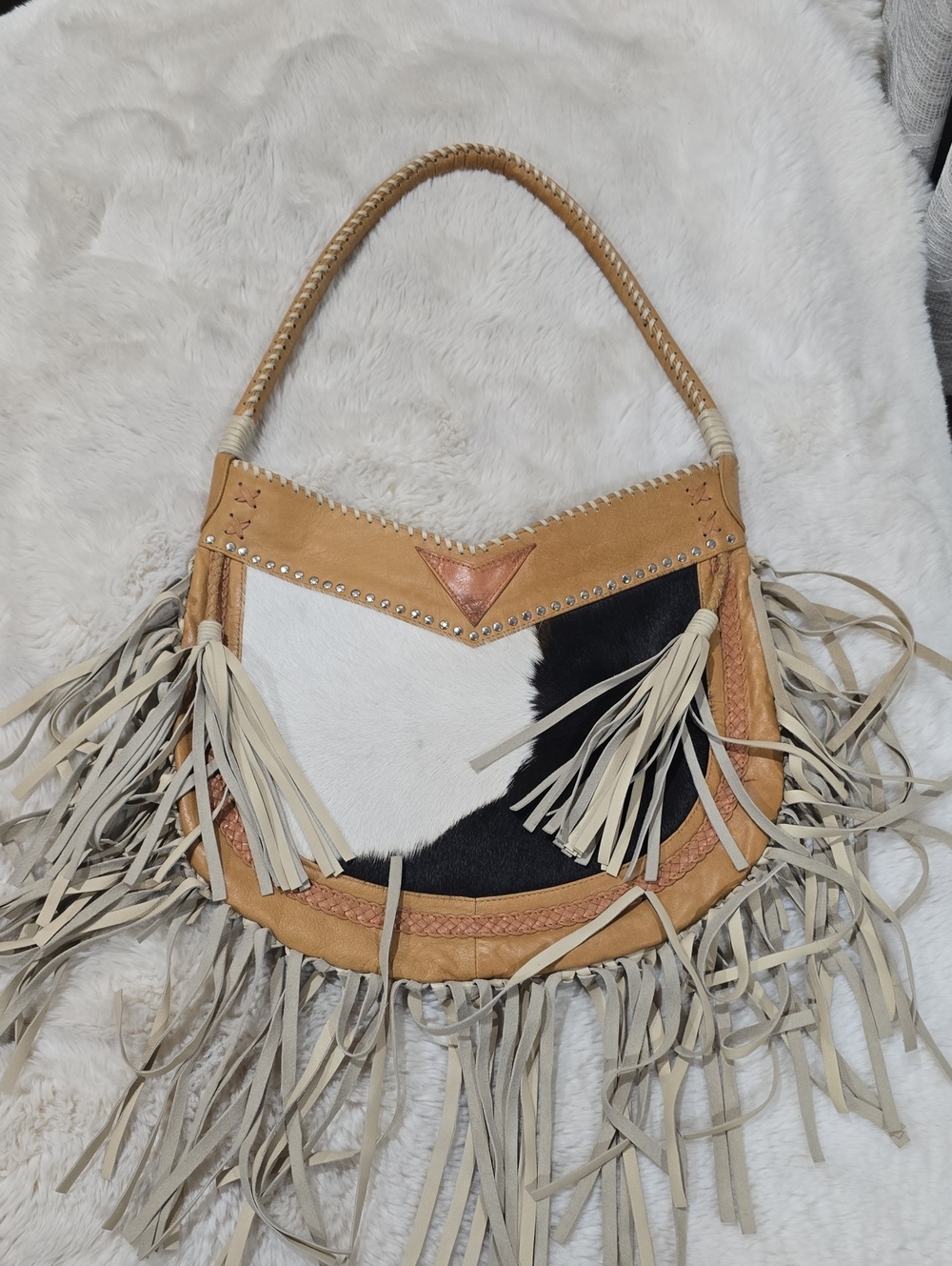 Fringed Cowhide Shoulder Bag in Tan, Black & White